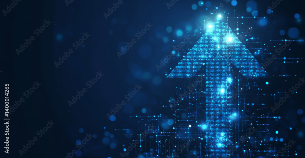custom made wallpaper toronto digitaldigital arrow composed of glowing blue dots points upward on dark background, symbolizing growth and progress in technology. futuristic design conveys innovation and advancement