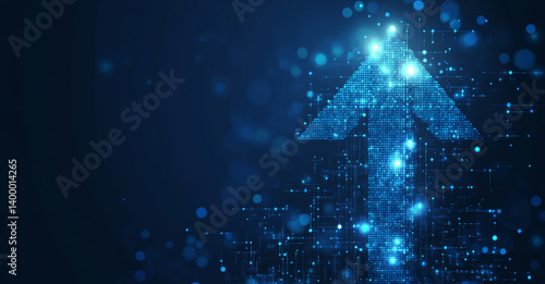 digital arrow composed of glowing blue dots points upward on dark background, symbolizing growth and progress in technology. futuristic design conveys innovation and advancement