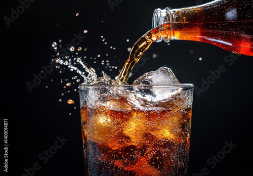 refreshing stream of is poured into glass filled with ice cubes, creating splash against dark background. fizzy drink bubbles energetically