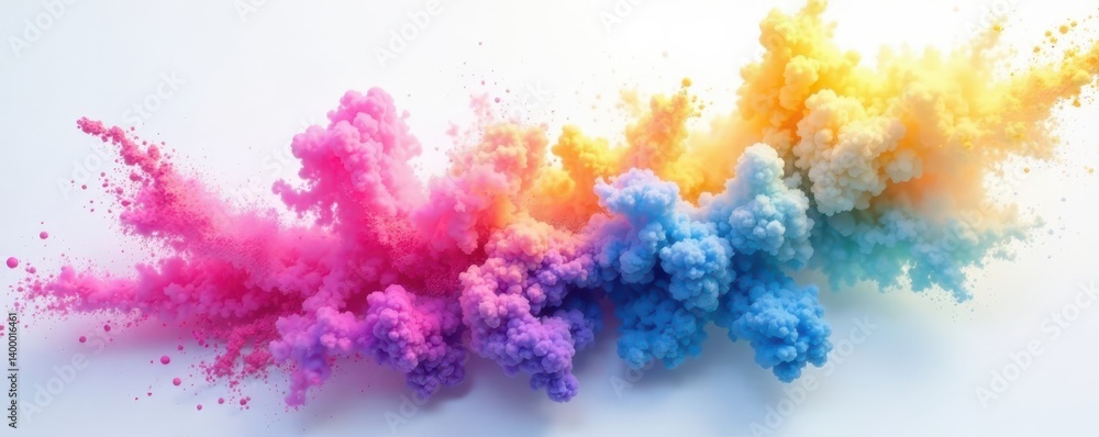 Obraz premium Swirling cloud of pastel & neon powder, white backdrop , energy, explosion, cloud
