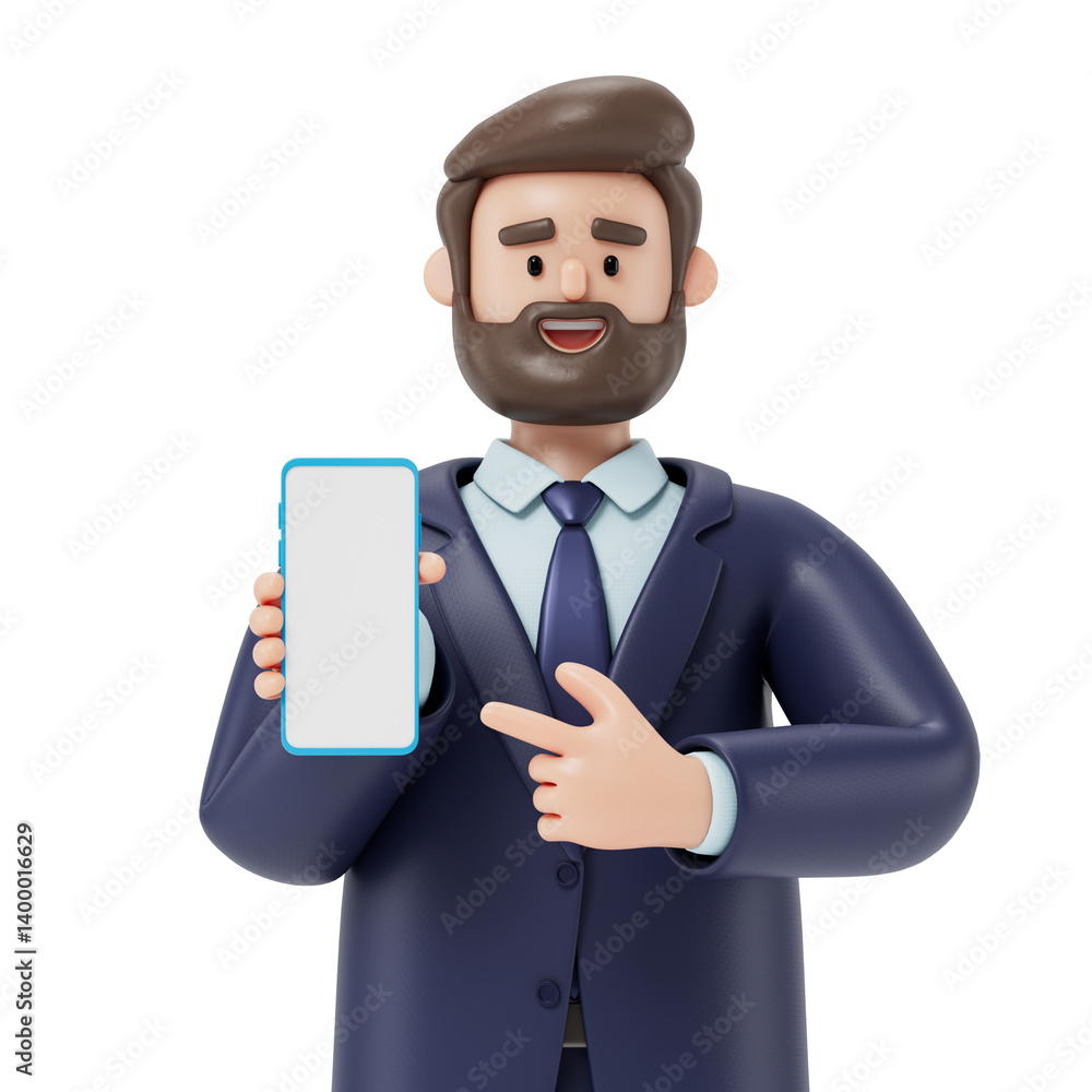 A man displays a smartphone, symbolizing sharing or presenting information. 3D rendering, conceptual image. Isolated on white background. A man displays a smartphone, symbolizing sharing or presenting information. 3D rendering, conceptual image. Isolated on white background.