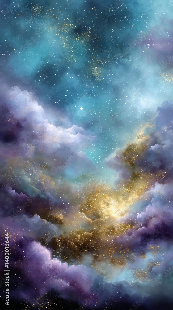 Colorful nebula with swirling clouds, stars, & cosmic dust in the night sky Colorful nebula with swirling clouds, stars, & cosmic dust in the night sky