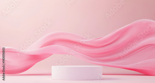 soft pink wavy fabric floats gracefully above white circular platform against pastel pink background, creating serene and elegant atmosphere