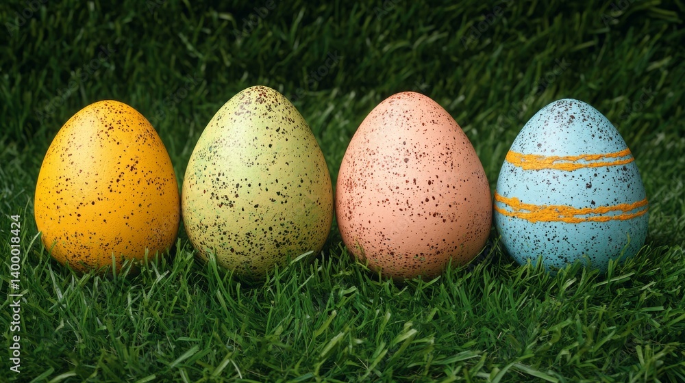 Four speckled easter eggs nestled in vibrant green grass. Four speckled easter eggs nestled in vibrant green grass.