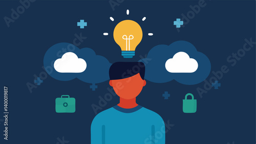 Lightbulb Over a Head A person with a lightbulb above their head filled with bright ideas and health facts while shadows behind depict dark cloud thoughts of misinformation.