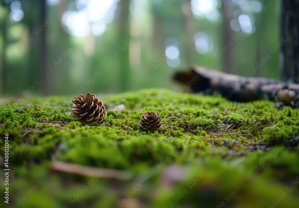 Serene Pine Cones Nestled on Lush Green Moss Amidst a Tranquil Forest Setting Serene Pine Cones Nestled on Lush Green Moss Amidst a Tranquil Forest Setting