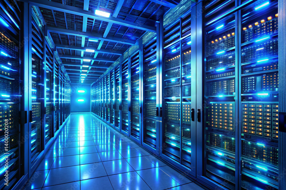Futuristic data center glowing in blue light Futuristic data center glowing in blue light