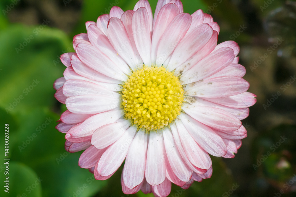Obraz premium Small pink English daisy growing in flower bed. Bellis Perennis garden flowers in spring. Closeup shot