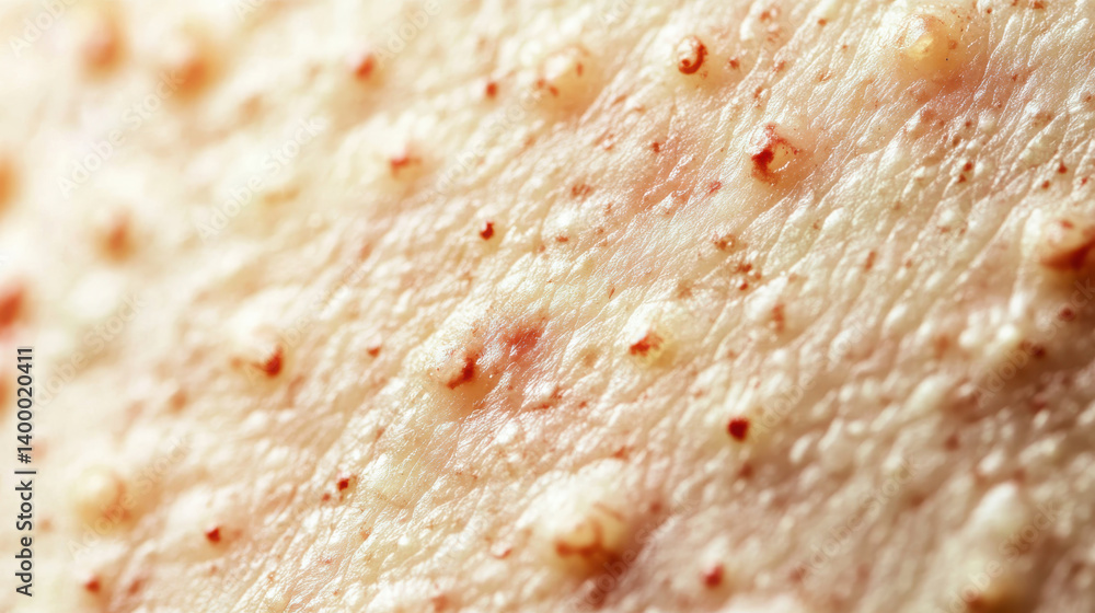 Skin surface displays a variety of small, raised bumps with a rough texture under natural light, illustrating common dermatological features. The image focuses on detail and texture