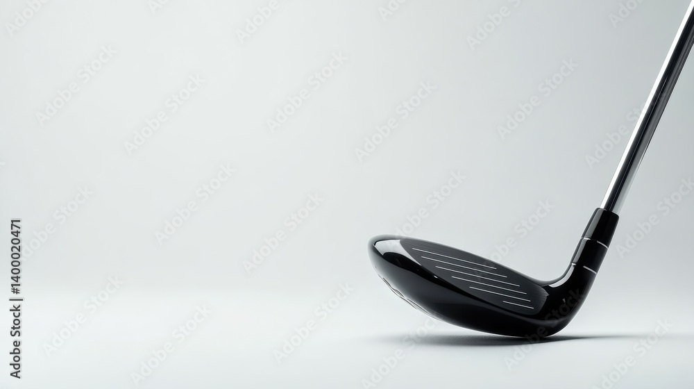 A golf club is placed on a smooth and neutral surface, showcasing its black clubhead and polished shine under soft lighting. This design emphasizes details in an elegant manner