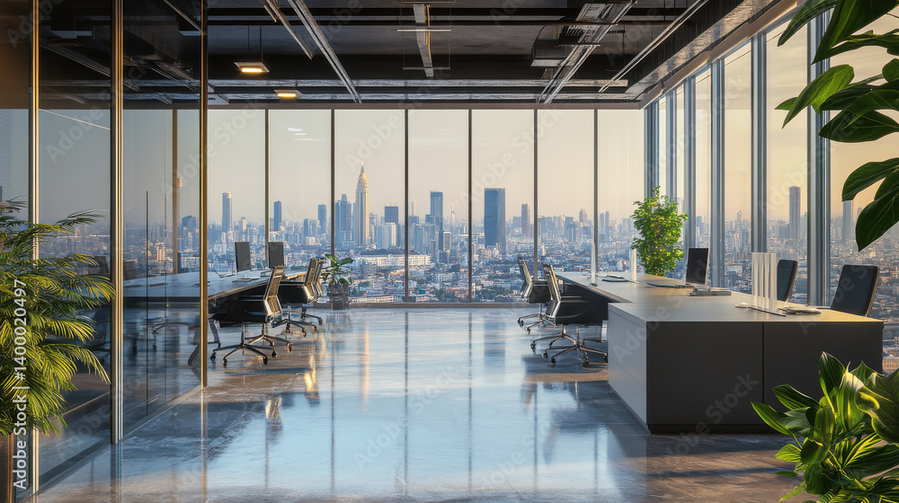 An expansive office space featuring large glass windows overlooks a vibrant city skyline during the evening. The contemporary furniture enhances the professional atmosphere