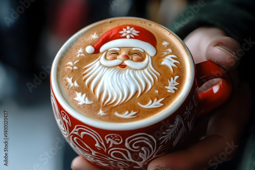 Santa holding festive latte with intricate art design on a cozy winter day