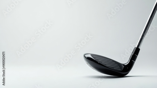 Obraz na płótnie A golf club is placed on a smooth and neutral surface, showcasing its black clubhead and polished shine under soft lighting. This design emphasizes details in an elegant manner w salonie