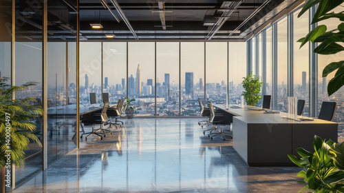 Obraz na płótnie An expansive office space featuring large glass windows overlooks a vibrant city skyline during the evening. The contemporary furniture enhances the professional atmosphere w salonie