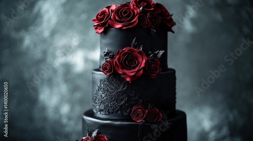 Moody dark-themed wedding cake with black fondant and deep red roses, gothic elegance.