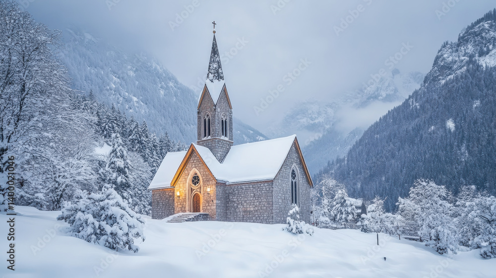 Snow blankets a quaint stone church nestled in a tranquil mountain valley. Soft light illuminates the entrance, contrasting with the winter scenery and surrounding frost-covered trees