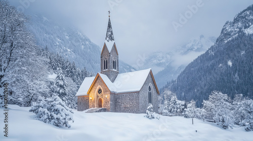 Obraz na płótnie Snow blankets a quaint stone church nestled in a tranquil mountain valley. Soft light illuminates the entrance, contrasting with the winter scenery and surrounding frost-covered trees w salonie