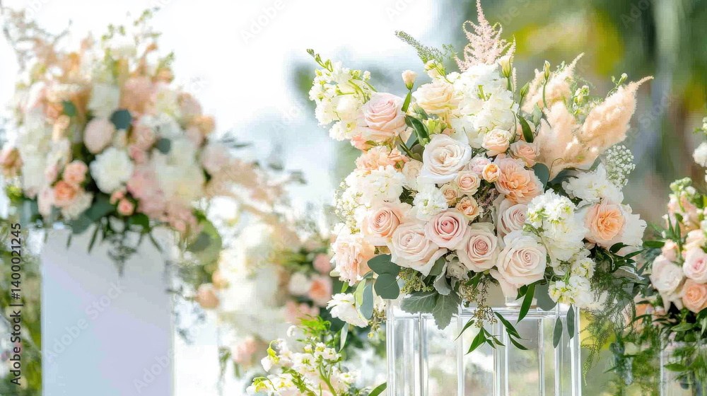 Elegant floral arrangements featuring soft peach and white roses enhance the atmosphere of a wedding ceremony held outdoors in a bright, sunny location filled with greenery