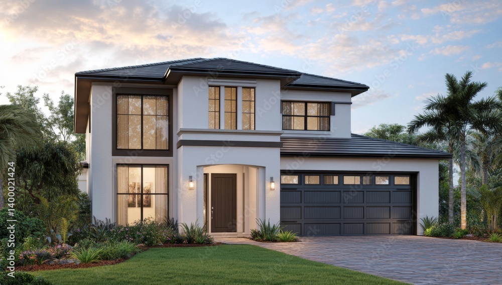 Modern two-story home with a dark gray garage door and white exterior. Features large windows and a landscaped yard Modern two-story home with a dark gray garage door and white exterior. Features large windows and a landscaped yard