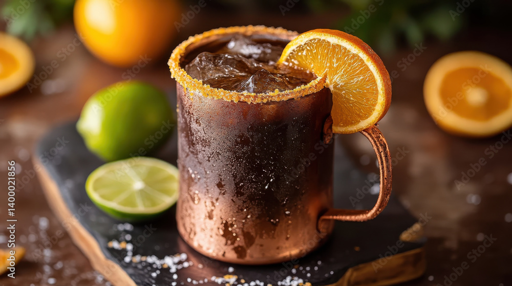 A chilled cocktail is presented in a copper mug, garnished with orange and lime slices. The drink is set on a wooden table surrounded by fresh citrus fruits, showcasing vibrant colors