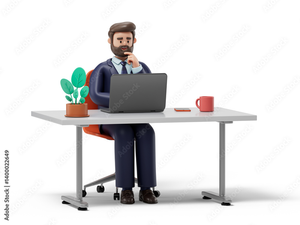 A man sits at a desk, laptop open, hand to chin, symbolizing deep thought and focus. 3D rendering, conceptual image. Isolated on white background. A man sits at a desk, laptop open, hand to chin, symbolizing deep thought and focus. 3D rendering, conceptual image. Isolated on white background.