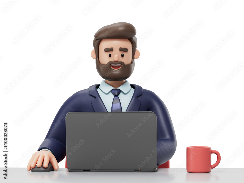 A man sits at a desk, hands on laptop, symbolizing focus and productivity. 3D rendering, conceptual image. Isolated on white background. A man sits at a desk, hands on laptop, symbolizing focus and productivity. 3D rendering, conceptual image. Isolated on white background.