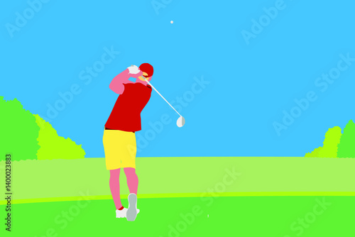 A golfer swinging big on the green field