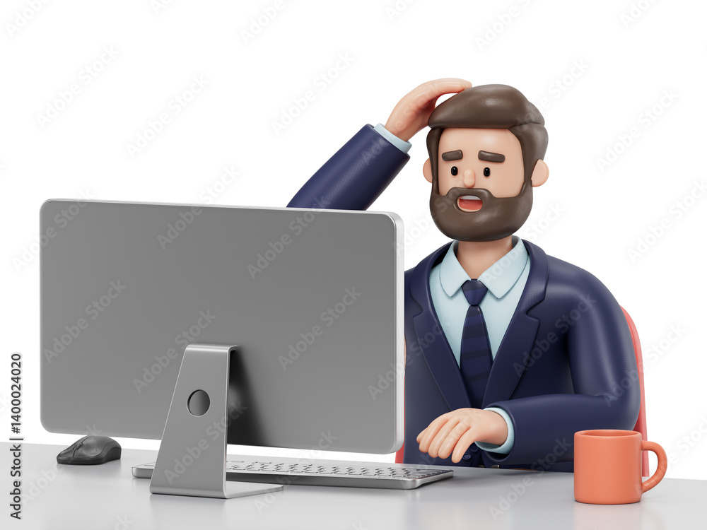 A man sits at a desk, hand on head, looking at a computer, symbolizing contemplation or a break. 3D rendering, conceptual image. Isolated on white background. A man sits at a desk, hand on head, looking at a computer, symbolizing contemplation or a break. 3D rendering, conceptual image. Isolated on white background.