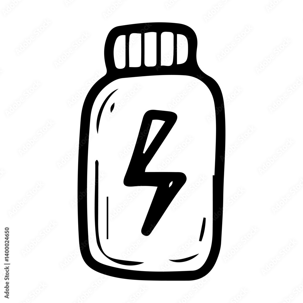 Container with sports energy supplement. Hand drawn doodle. Athlete nutrition for better workout in the gym. Plastic jar with lid. Healthy lifestyle. Vector line art illustration. Container with sports energy supplement. Hand drawn doodle. Athlete nutrition for better workout in the gym. Plastic jar with lid. Healthy lifestyle. Vector line art illustration.