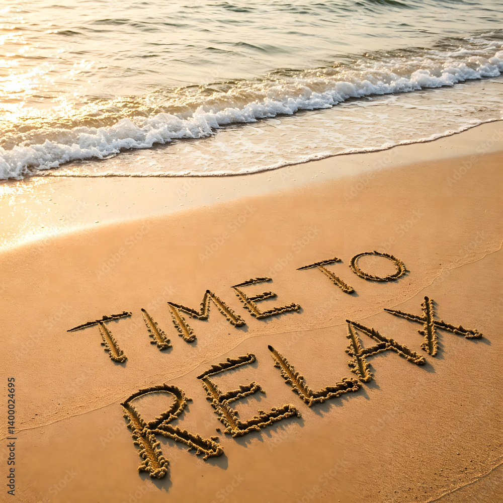 Fototapeta premium Time to Relax: A gentle wave caresses the sandy shore, unveiling a handwritten message. A scene of serenity and introspection.