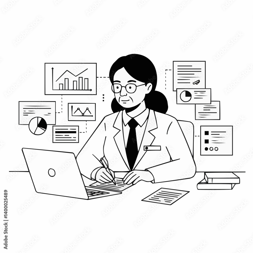 Finance Officer Analyzing Data at Desk with Laptop Finance Officer Analyzing Data at Desk with Laptop