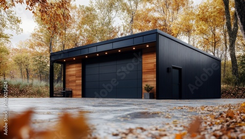 Modern, stylish, contemporary,  detached  garage in autumn forest setting.  Spacious,  functional,  outdoor  storage,  beautiful design,  and tranquil surroundings