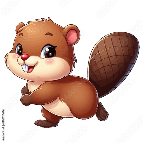 UntitledCharming cartoon illustration of a cute, brown beaver with big, expressive eyes, buck teeth, and a distinctive flat tail. Represents adorable animals, wildlife, and children's themes.