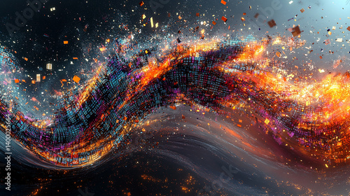 Abstract technology artwork showing a colorful wave fracturing into pieces.