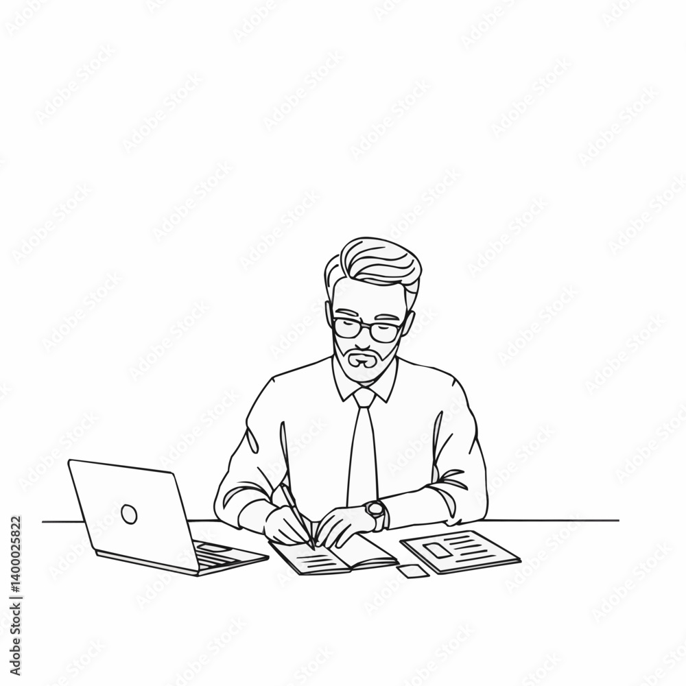 Male entrepreneur planning and working at desk with laptop Male entrepreneur planning and working at desk with laptop