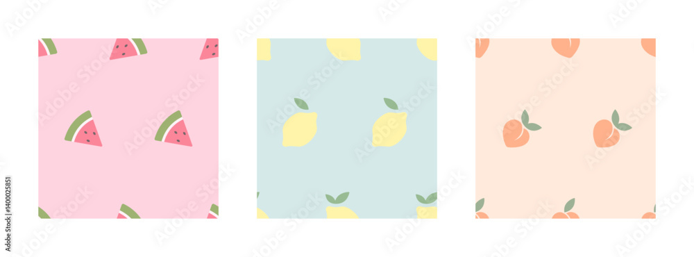 Pretty fruits background set. Collection of seamless patterns with berries and fruits. Cards with watermelons, lemons and peaches. Simple summer backgrounds in pastel colors. Surfaces, wallpaper Pretty fruits background set. Collection of seamless patterns with berries and fruits. Cards with watermelons, lemons and peaches. Simple summer backgrounds in pastel colors. Surfaces, wallpaper