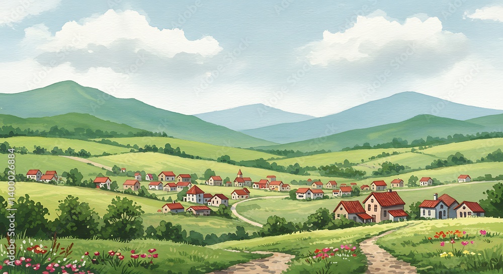 Naklejka premium Serene Hillside Village: A Pastoral Digital Painting in Vibrant Greens and Reds AI Generated