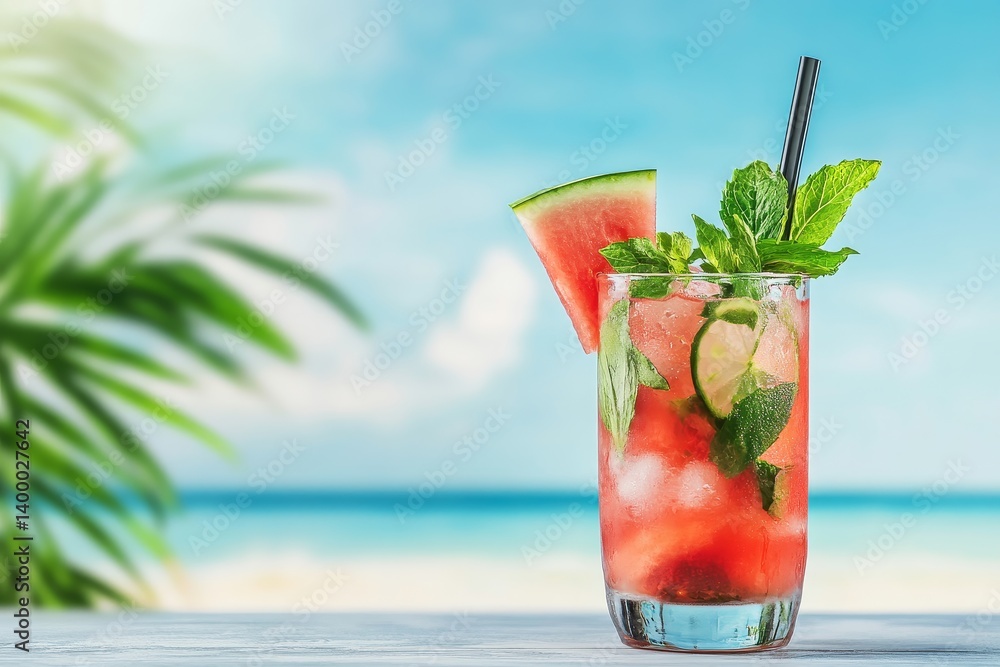 custom made wallpaper toronto digitaltropical lemonade with watermelon in glass with straw on beach background, summer cocktail, refreshing drinks