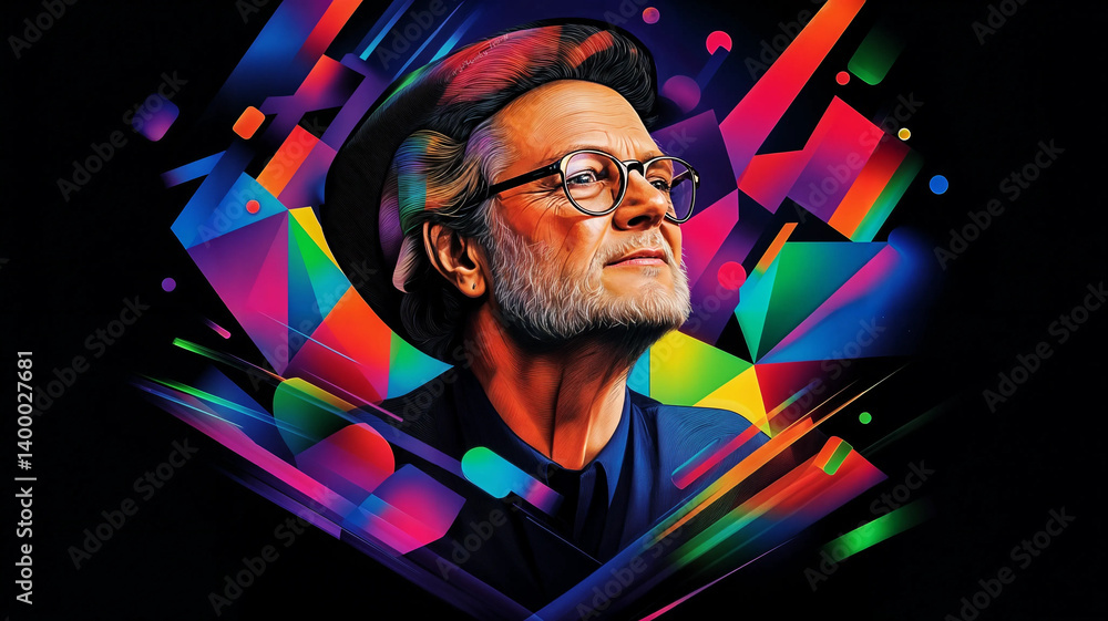 A vibrant portrait, showcasing a man with a thoughtful expression, surrounded by a dynamic array of geometric shapes and bold colors.