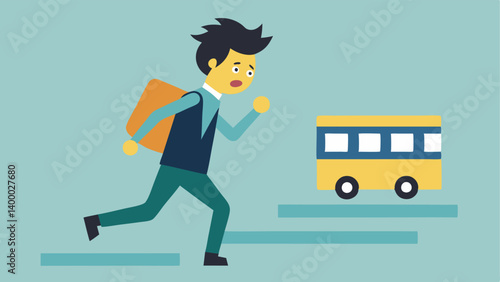 Panic Stride A young adult with disheveled hair wearing a backpack is depicted midstride with one leg lifted as if sprinting. Their eyes are wide with worry and their mouth is open