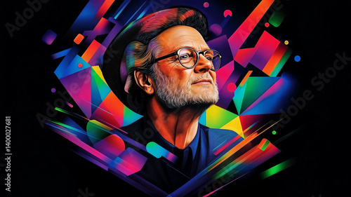 Obraz na płótnie A vibrant portrait, showcasing a man with a thoughtful expression, surrounded by a dynamic array of geometric shapes and bold colors. w salonie