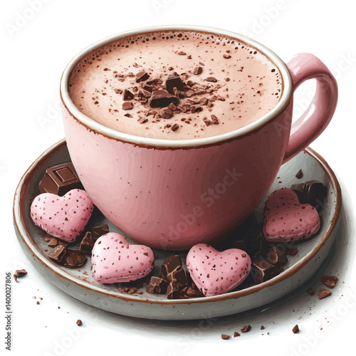 watercolor of Valentineas Day Themed Hot Chocolate, vector, isolated on a white background.