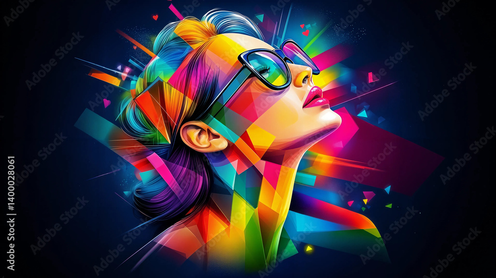 Abstract portrait, showcasing a woman's face and hair with a vibrant array of colors and shapes.