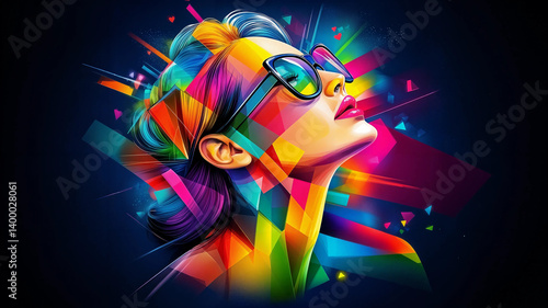Obraz na płótnie Abstract portrait, showcasing a woman's face and hair with a vibrant array of colors and shapes. w salonie