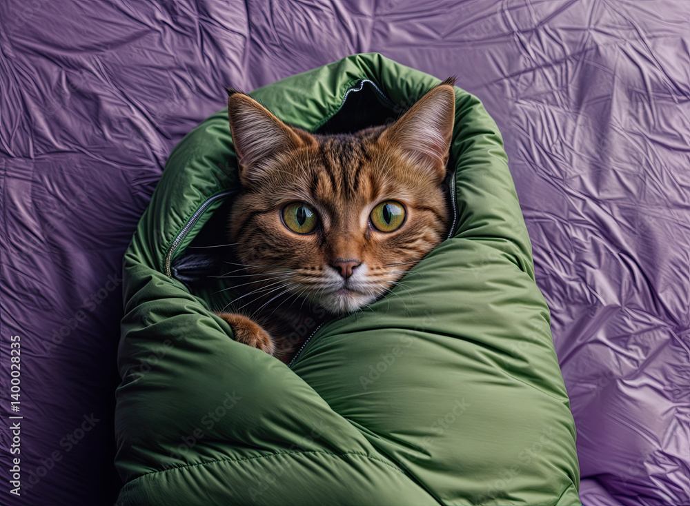 A tabby cat snuggles deep within a vibrant green sleeping bag.