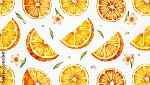 Vibrant watercolor orange slices & blossoms seamless repeat, vitaminC, floral
