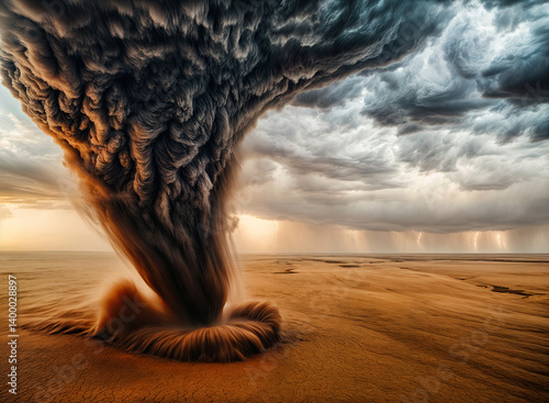 Obraz na płótnie A powerful whirlwind of water and dust erupts from the parched earth, a dramatic display of nature's raw force. w salonie