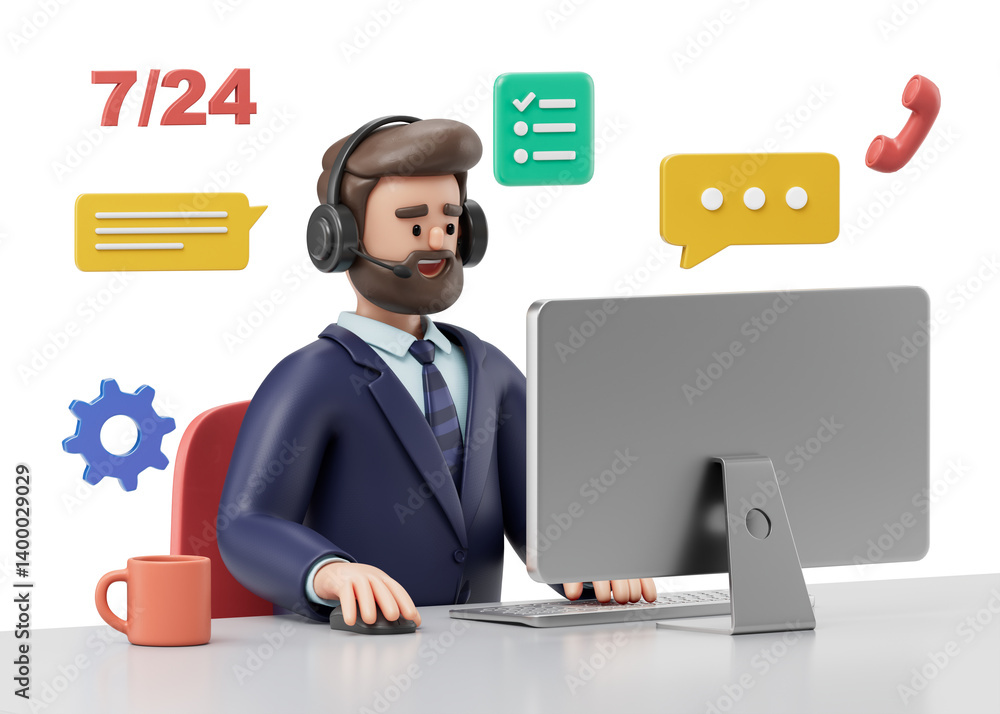 A man with headphones at a desk, working on a laptop, symbolizing customer support and communication. 3D rendering, conceptual image. Isolated on white background. A man with headphones at a desk, working on a laptop, symbolizing customer support and communication. 3D rendering, conceptual image. Isolated on white background.