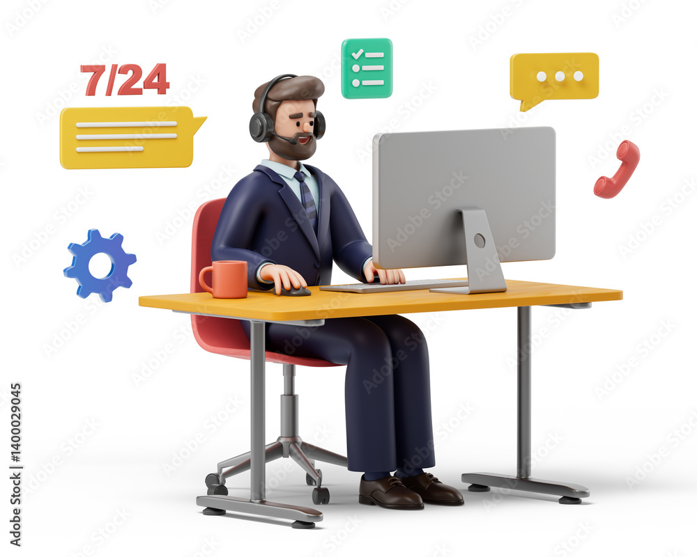 A man with headphones at a desk, working on a laptop, symbolizing customer support and communication. 3D rendering, conceptual image. Isolated on white background. A man with headphones at a desk, working on a laptop, symbolizing customer support and communication. 3D rendering, conceptual image. Isolated on white background.