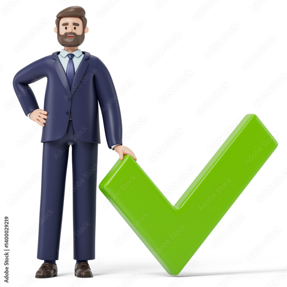 A man stands confidently next to a large checkmark, symbolizing success and approval. 3D rendering, conceptual image. Isolated on white background. A man stands confidently next to a large checkmark, symbolizing success and approval. 3D rendering, conceptual image. Isolated on white background.